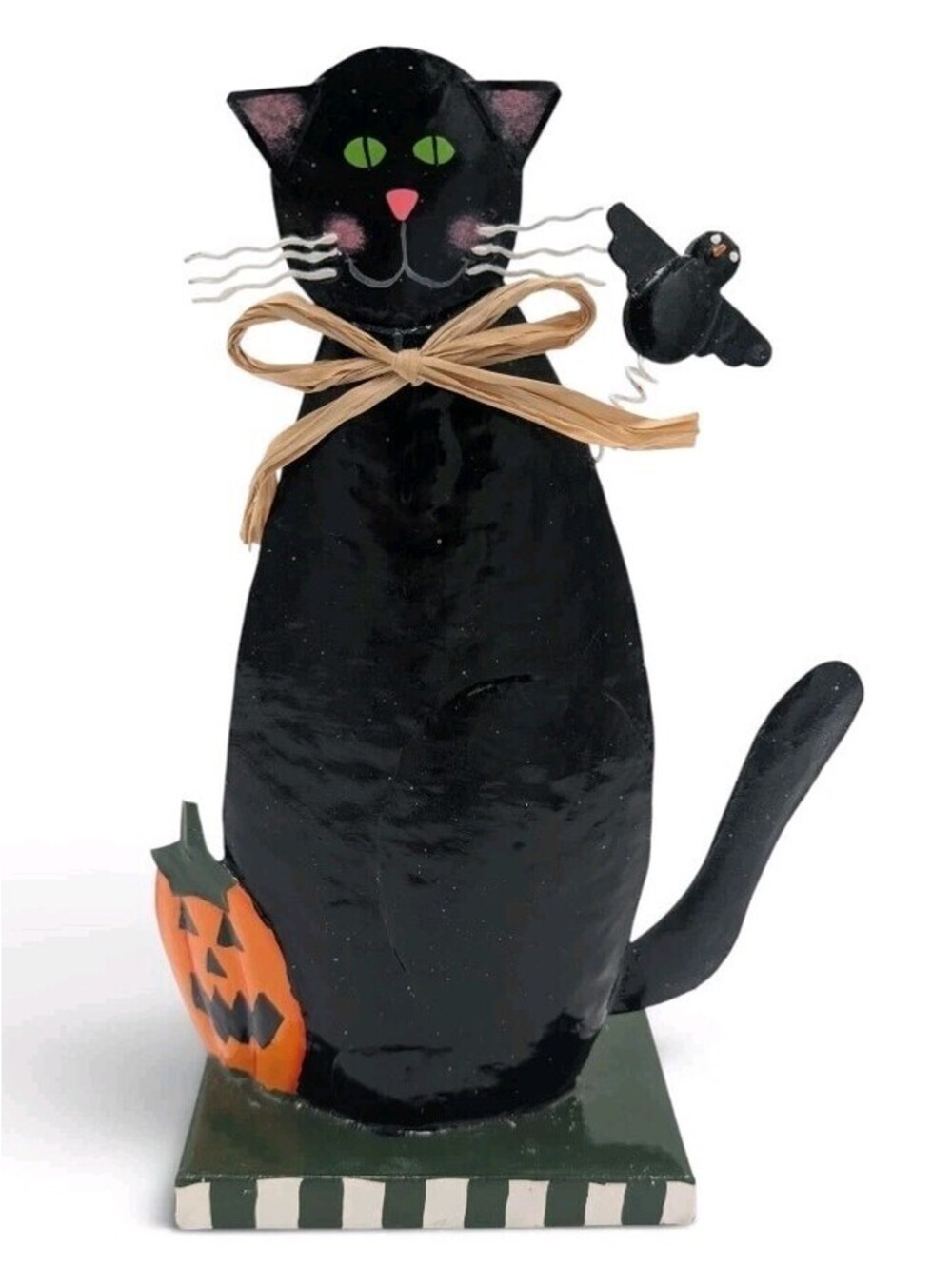 Vintage Primitive Black Cat Halloween Metal Figurine Pumpkin Crow Decor
